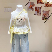 女童2025秋季T恤长袖套装女孩秋款蕾丝可爱小熊儿童上衣阔腿裤装