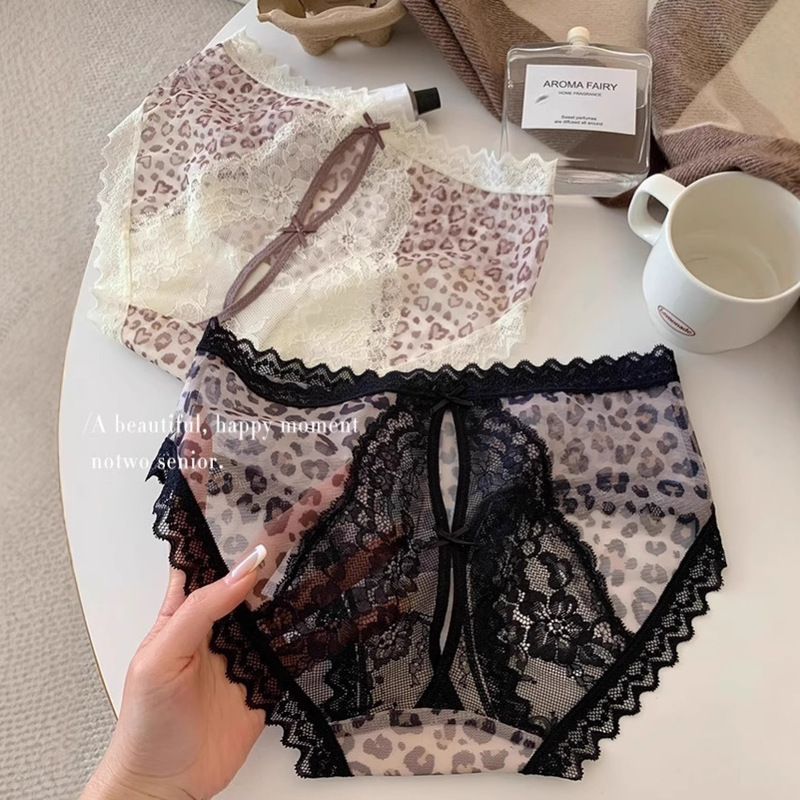 Pure Sexy Underwear Women's Pure Cotton Anti-bacterial Crotch Hollow Breathable Bow Lace Leopard Print Women's High-grade Triangle