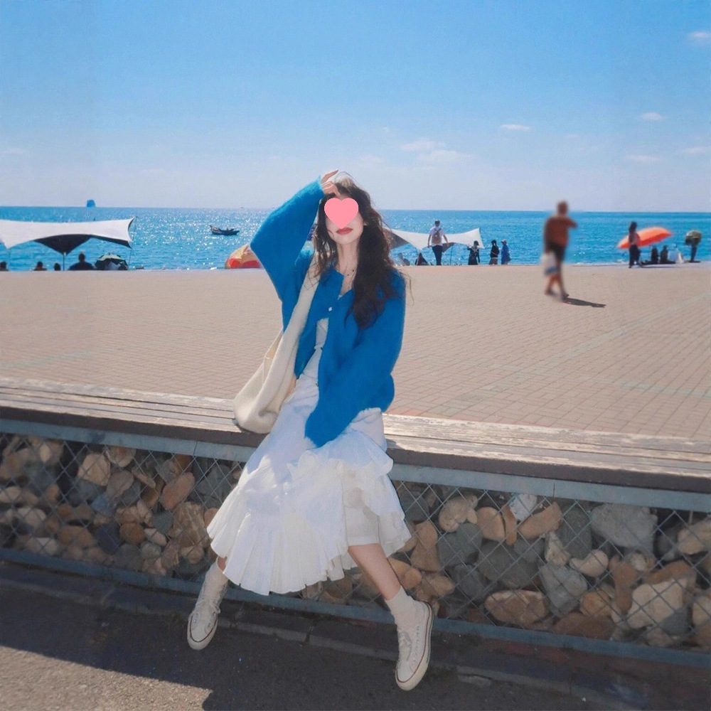 克莱因蓝色针织开衫女秋冬新款韩系温柔风短款毛绒毛衣外套小个子