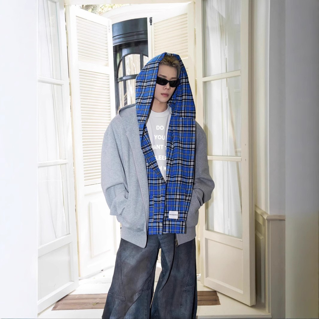 Men's Checkered Zip-Up Hoodie – Heavyweight Faux Layered Pullover With Drop Shoulder & Side Pockets (Cotton Blend, Grey/Black, M-3XL)_voghion.com