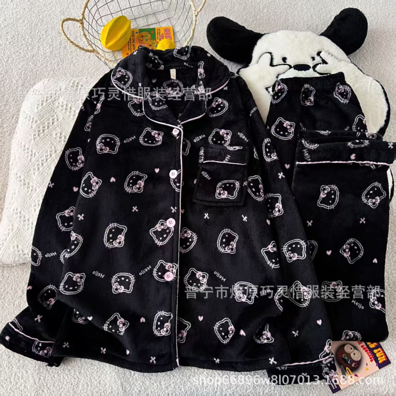 Franela otoño y invierno nueva linda niña caliente y gruesa dulce kitty gato suelto conjunto de pijamas se puede usar fuera