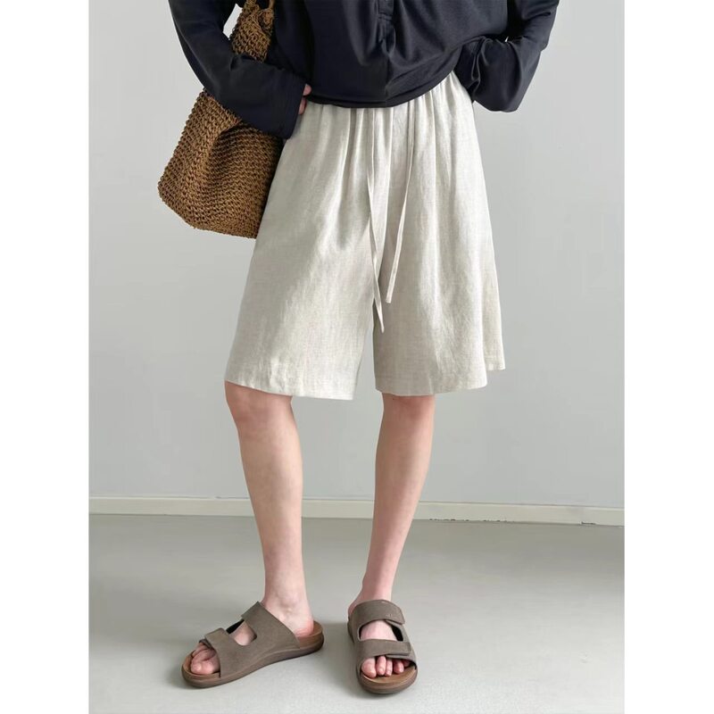 Old Money Style Lyocell Tencel Linen Casual Shorts for Women, Summer Loose High-Waisted Wide-Leg Mid-Length Pants