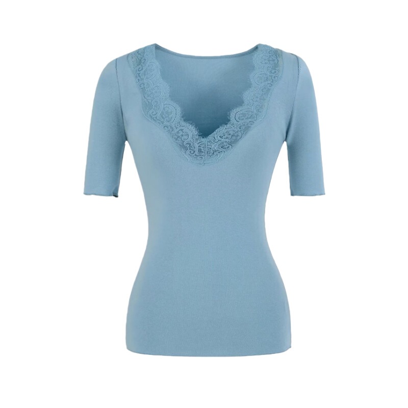 Design-Inspired Lace Patchwork V-Neck Mid-Sleeve Base Shirt for Women, Pure Desire Spicy Girl Style, Sexy Slim Fit, Stretchy Ruffled Edge Top