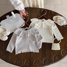 女童纯色打底衫春秋款洋气荷叶领小女孩秋装上衣内搭婴儿长袖T恤