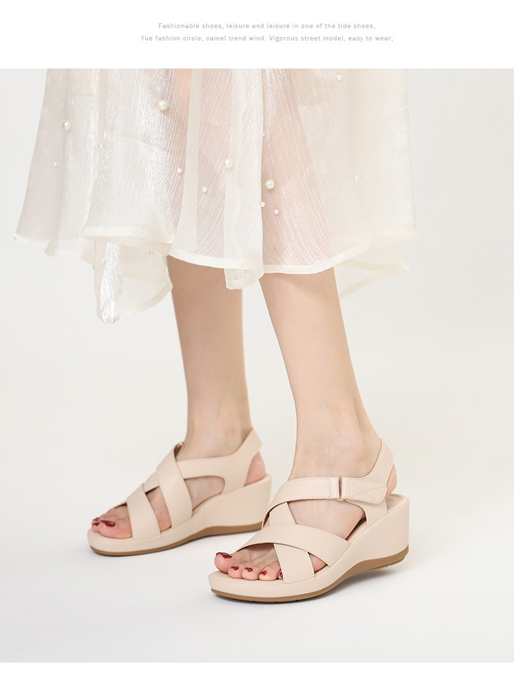 Commuting Wedge Sandals With Cross Straps, Open Toe, Comfortable High Heels, Convenient Velcro Closure, Bohemian Women's_desvips.com