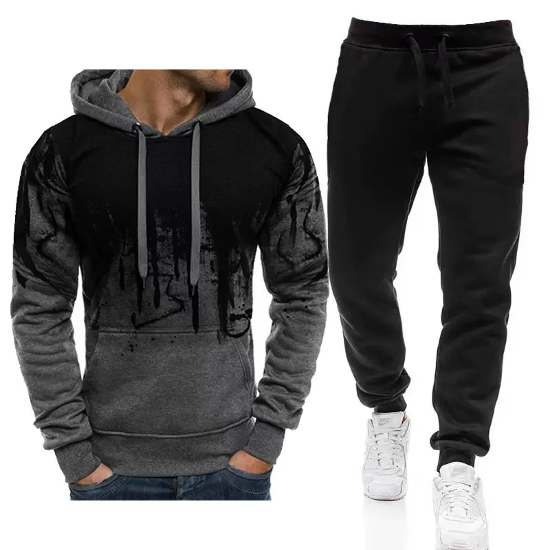 外贸欧美秋冬抓绒男式卫衣套装时尚泼墨连帽衫+卫裤宽松运动套装