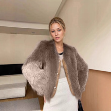 跨境外贸爆款减龄环保皮草外套V领时尚高级感中古风仿狐狸毛大衣