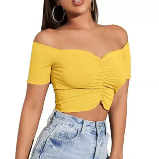 Women's Fashion Slimming Solid Colour Off-shoulder Top T-shirt - Yellow - View 1