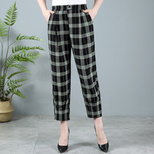 财阀千金女装2025夏装中老年女士裤子显瘦松阔腿女裤棉麻格子裤小