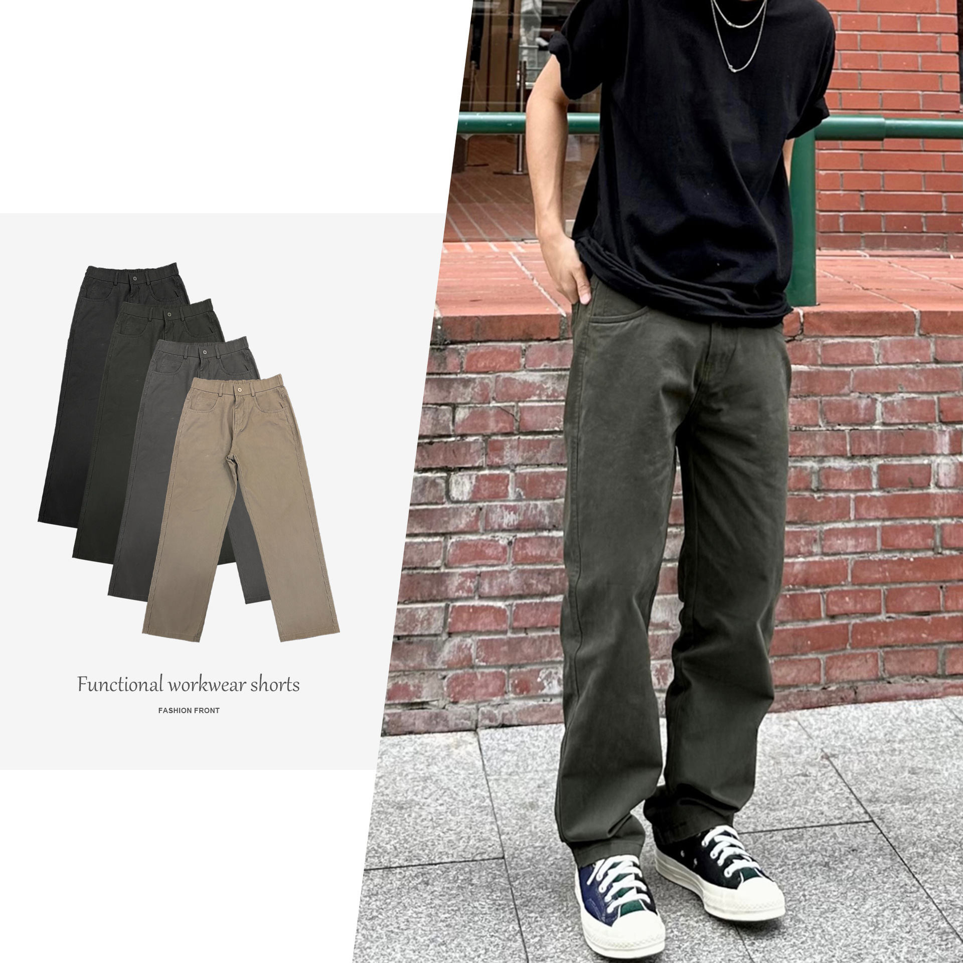 【CSMY】American Tough Workwear Washed Distressed Street Straight Leg Men's Solid Color Denim Frayed Casual Pants