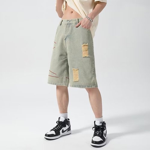 Shorts and jeans for men  personalized line design trendy old-fashioned retro five-quarter pants high street vibe style