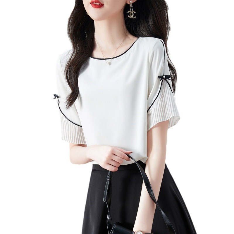 Summer elegant professional shirt with bow with a round collar