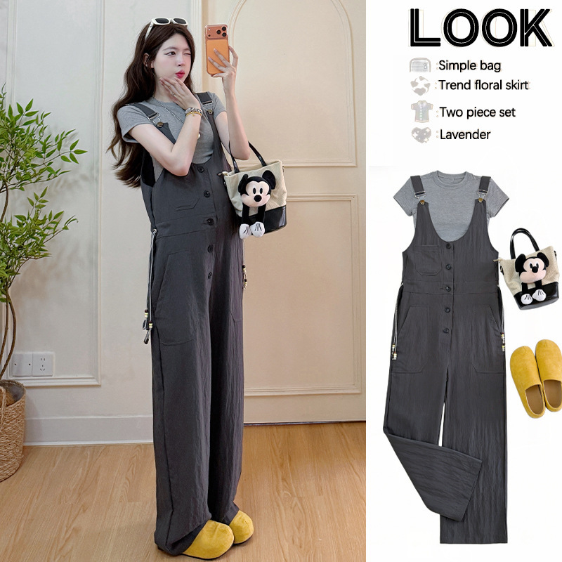 2026 Stylish Maternity Summer Workwear High-Waisted Slimming Loose Wide-Leg Pants Overalls with Inner Layer 2-Piece Set