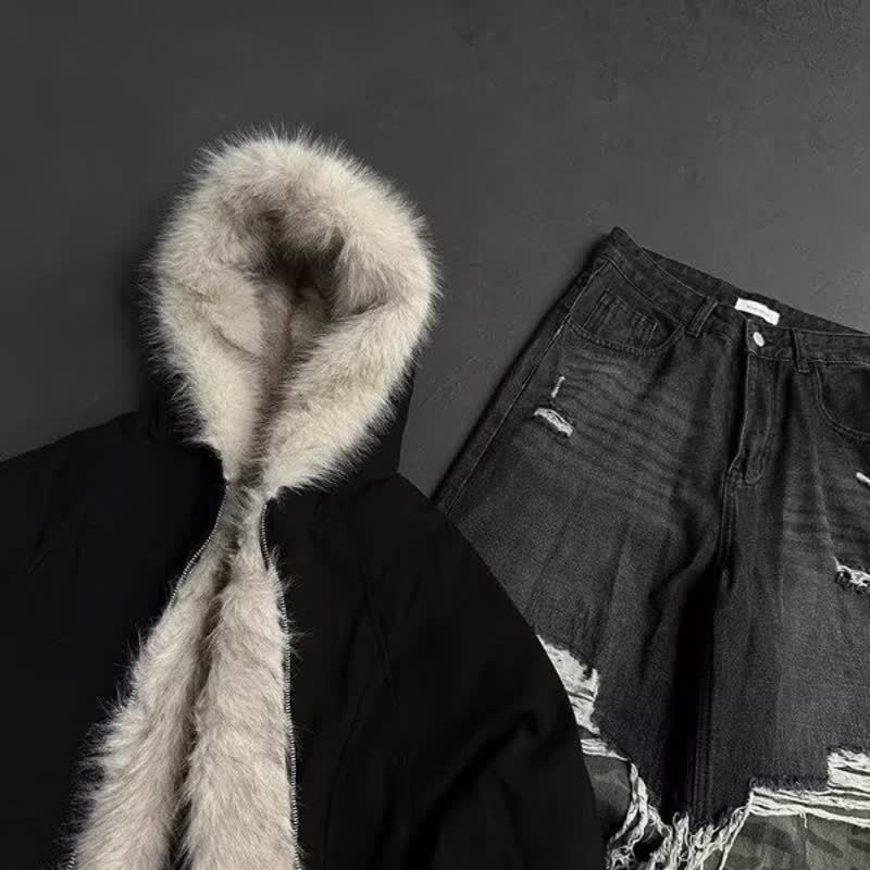 Men's Streetwear Distressed Denim Pants Baggy Ripped Jeans Camouflage Patchwork Layered Fake Two-Piece Design_voghion.com
