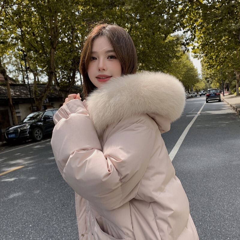 Large Fur Collar down Jacket for Women 2025 New Hooded Thickeneded Mid-Length White Duck down Slimming Look Korean Style Jacket for Winter Women