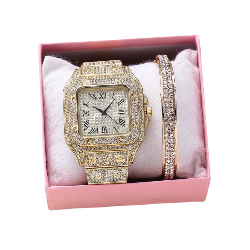 Casual trend personality square large dial full diamond steel belt quartz watch + bracelet (2pcs/set)_voghion.com