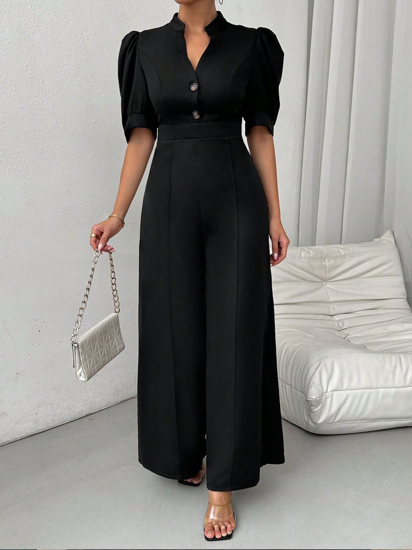 Amazon comercio exterior transfronterizo primavera y otoño v-cuello europeo y americano pantalones de camisa de mujer de cintura de manga corta pantalones de piernas anchas estilo de trabajo delgado