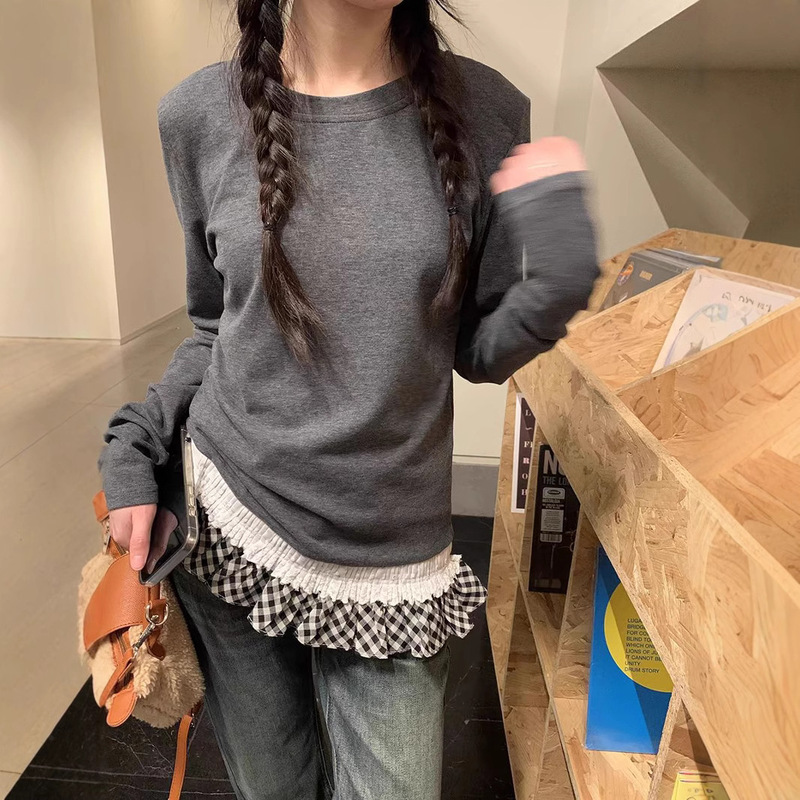 Pure Cotton/German Velvet Spring New Romantic Lace Ruffled Design Sense Long Sleeve Trendy T-Shirt Fashion Round Neck Base Shirt