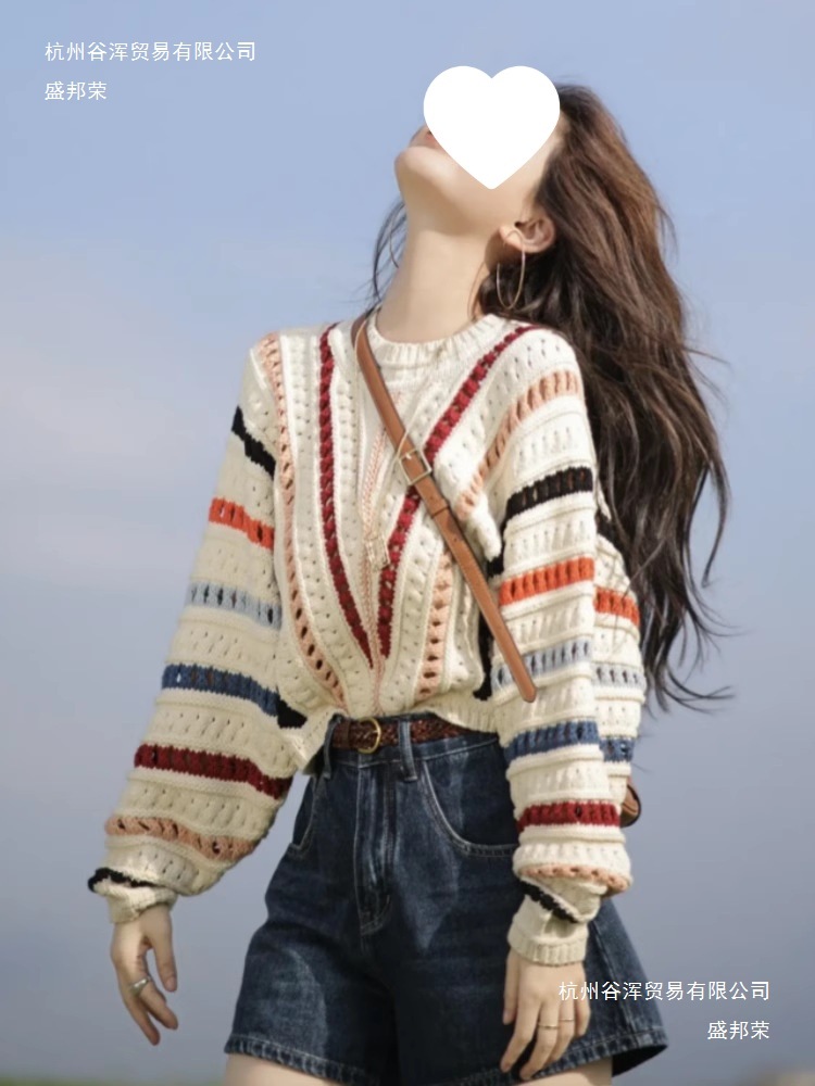 厂家彩虹条纹长袖针织衫女春秋款圆领套头慵懒风短款毛衣女秋冬外