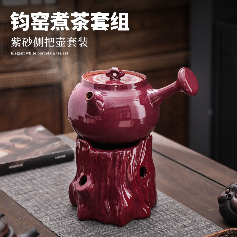 Ceramic Jun Kiln Purple Clay Teapot with Handle for Tea Brewing, Home Open Flame Alcohol Stove, Outdoor Camping Tea Brewing Set Ceramic Jun Kiln Purple Clay Teapot with Handle for Tea Brewing, Home Open Flame Alcohol Stove, Outdoor Camping Tea Brewing Set