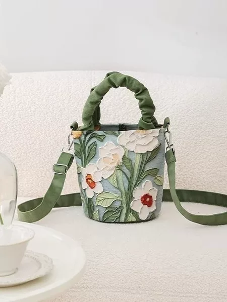 Oil Painting Flower High-end Crossbody Pleated Bucket Bag Women's Bag Korean Illustration Artistic Women's Bag Watercolor Creative