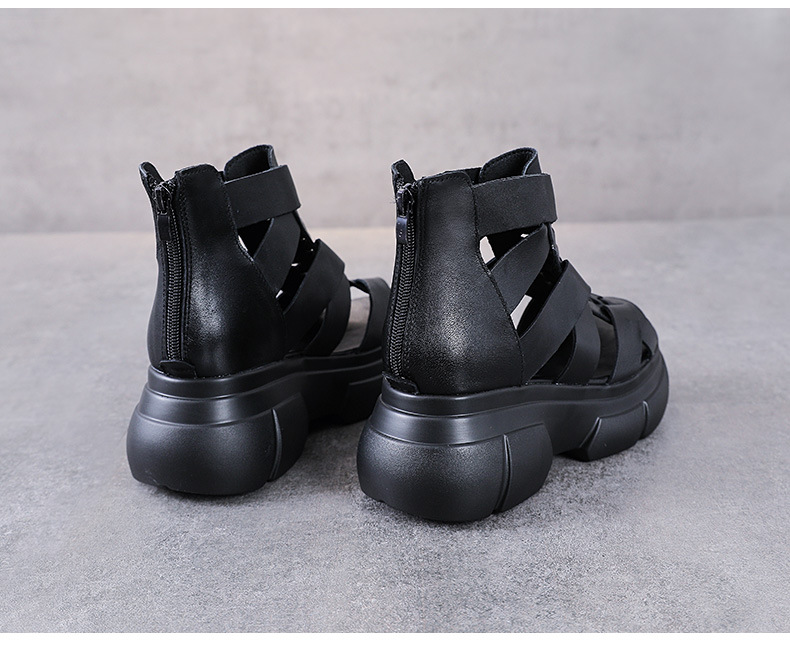 Boot nữ cổ thấp hở mũi đế dày da bò, phong cách La Mã — Màu nâu chi tiết 14