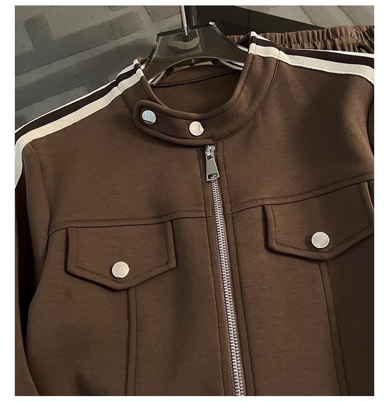 Korean Style Women's Zip-Up Hoodie & Jogger Pants Set - Casual Sporty Outfit (S-2XL, Black/Brown)_ecoleips.com