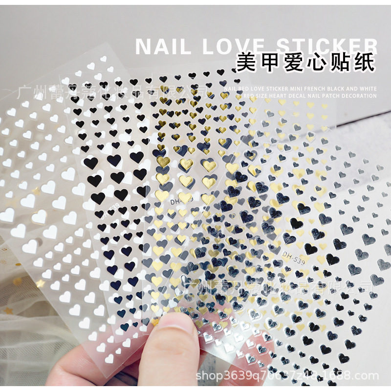 New ins style online popular 3D black and white hot gold and silver mini love nail sticker paper with adhesive nail sticker
