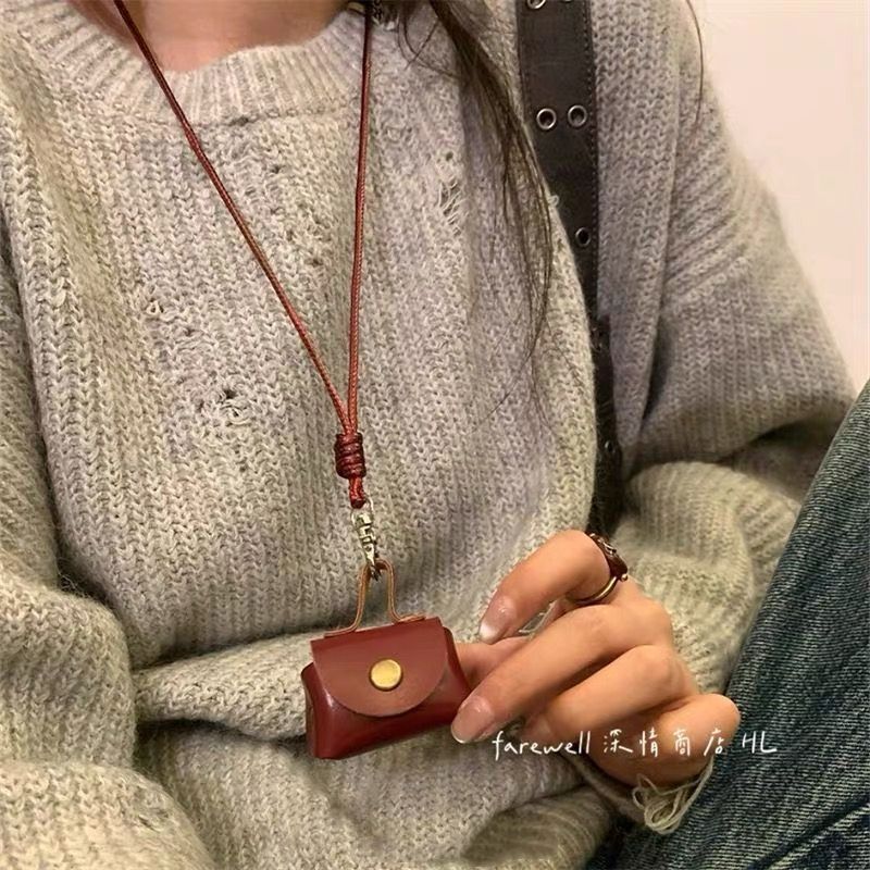 新款耳机包高级感卫衣链迷你豹纹零钱包项链复古棕色小包毛衣链|undefined