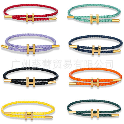 Cross-Border Stainless Steel H Buckle Leather Bracelet Adjustable 3D Hard Gold Bracelet with Fortune Beads and Red String in Stock