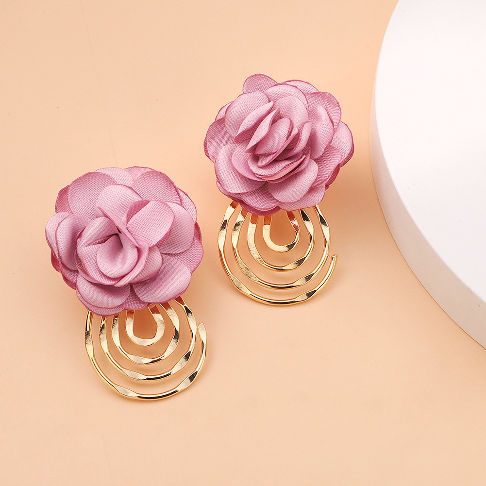 Korea Fabric Flower Earrings Autumn New Retro Multilayer Spiral Metal Pendant Rose Earrings