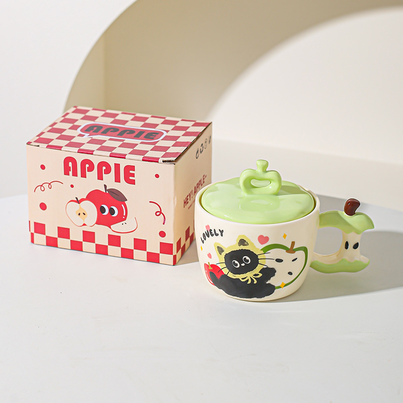 Taza de gato de manzana creativa con tapa de alto valor de pareja taza de cerámica taza de regalo de mano taza de desayuno para amigos