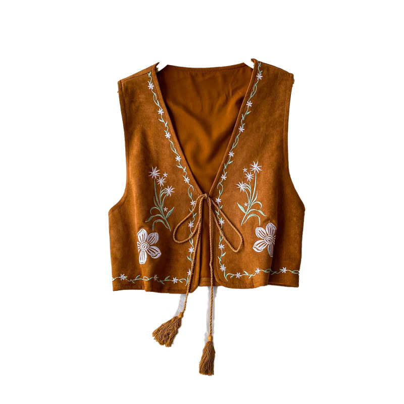 エスニックスタイルレトロ鹿革刺繍Vネックレースアップベストレディース夏ルーズスリムショートノースリーブトップ|undefined