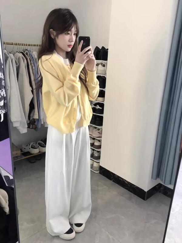鹅黄色假两件长袖毛衣针织衫女春秋短款韩系早秋穿搭上衣开衫外套|undefined