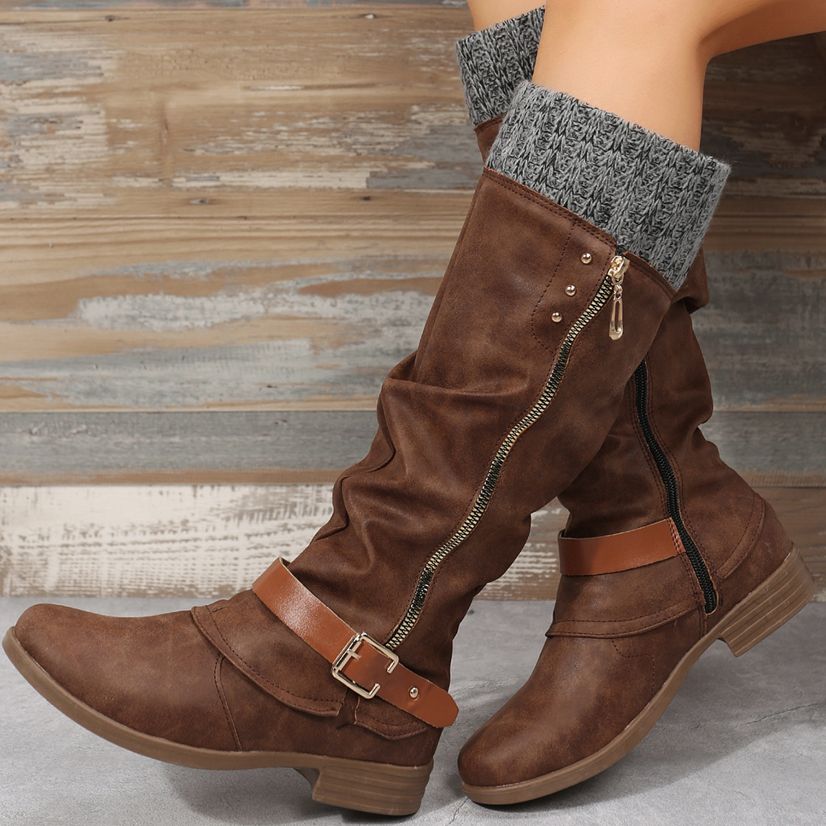 New chunky heel side zip stitching boots for women_voghion.com