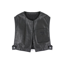 秋冬简约百搭真皮口袋马甲背心修身上衣女装羊皮无袖宽松皮夹克女