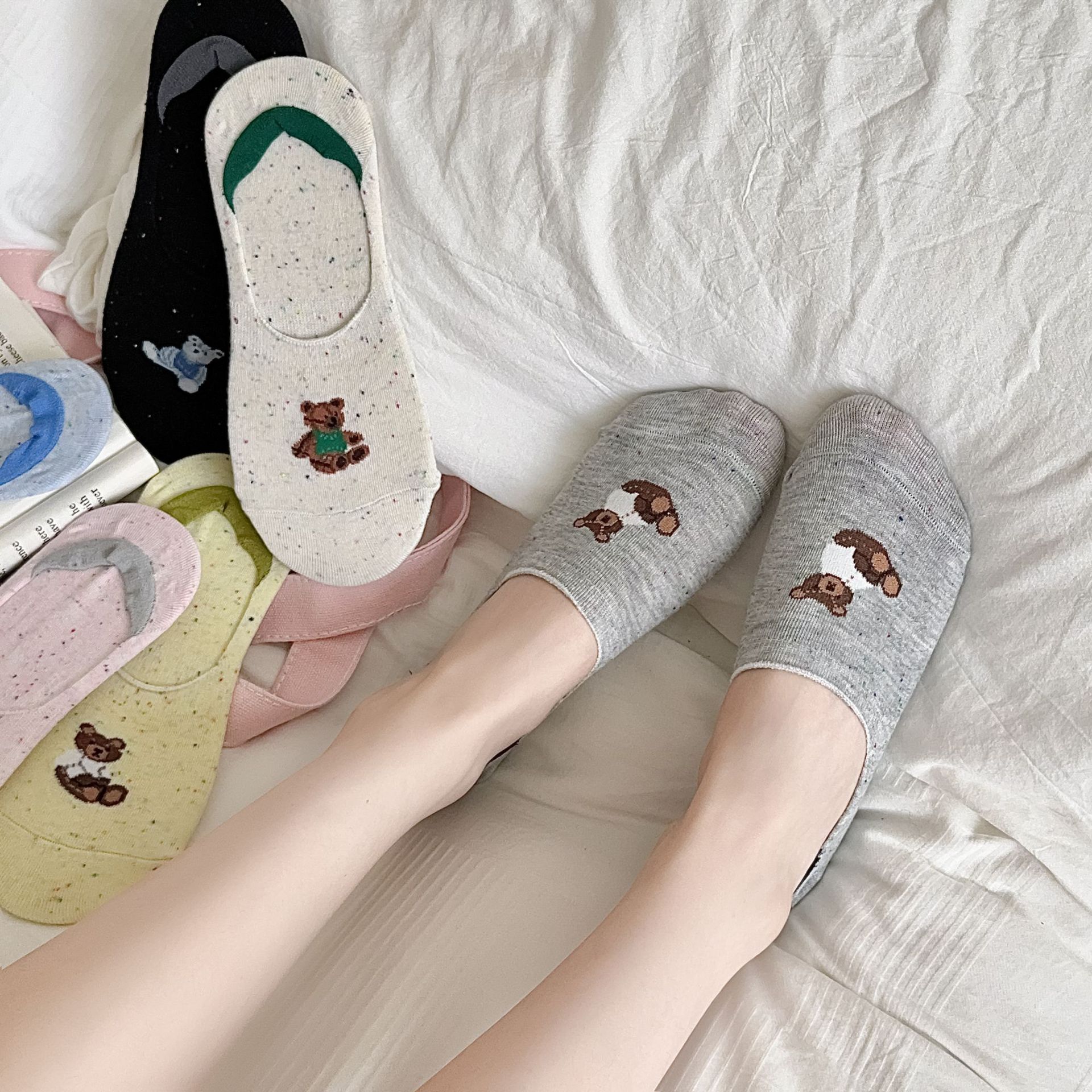 點子紗可愛小熊春夏薄款船襪低幫淺口隱形襪子女防滑點膠卡通棉襪