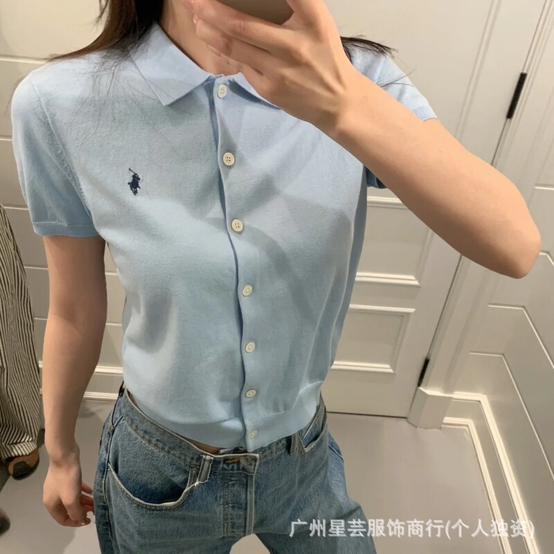 Top Version 26 Spring and Summer New Pony Logo Pima Cotton Short-Sleeved Knitted Cardigan Versatile Sweater Short-Sleeved Women