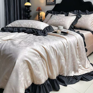 French Entry Luxury Jacquard Summer Quilt Four-piece Washed Silk Air Conditional Quilt Ice Silk Lace Quilt Cover Bed Sheet Bedding