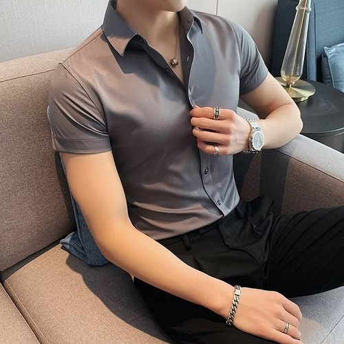 2024 Summer New Men's Short-sleeve Solid Color Shirt Thin Style Square Collar Youth Slim Fit Business Gentleman Fashion