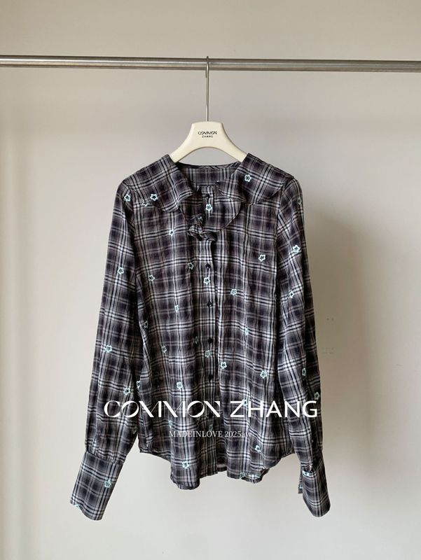 CZ ZHANG秋复古格子印花衬衫女学院风荷叶领绣花上衣打底衫B33259|undefined