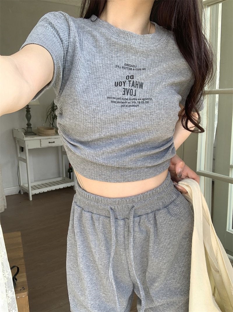 Women's Clothing Style Women's Two Piece Set Casual Gray Summer Top And Wide Leg Trousers Drawstring Tie Short Sleeved Outfit_ecoleips.com