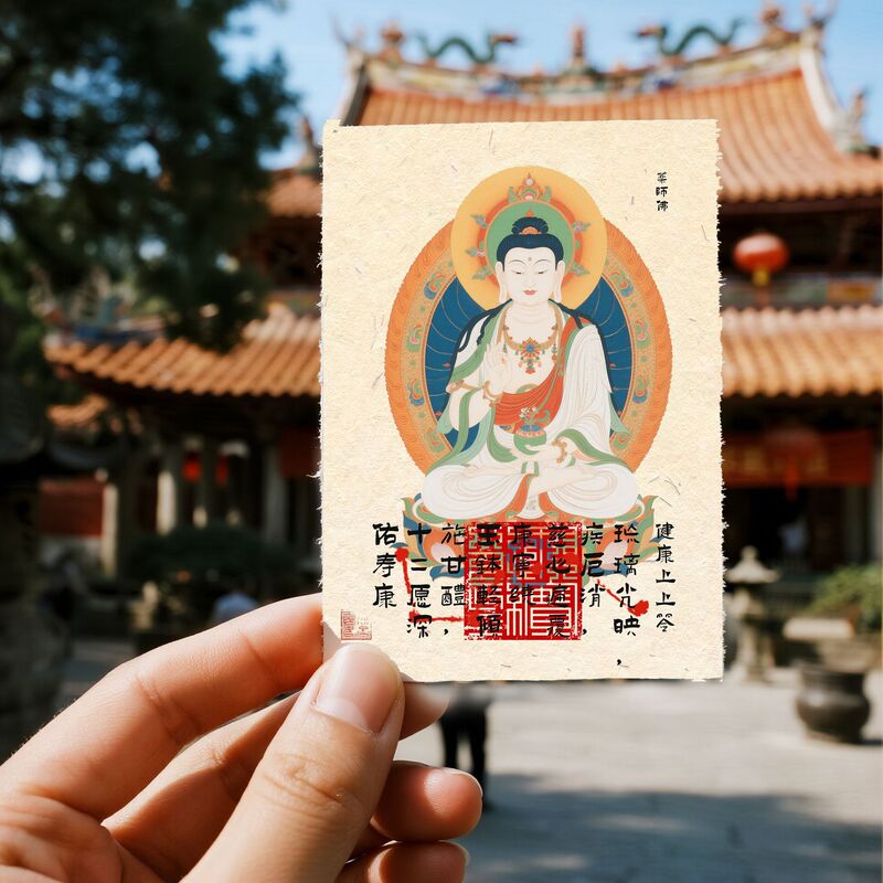 小红书爆款千佛山东方三圣药师佛寺庙文创招财保平安贴纸手机贴|undefined