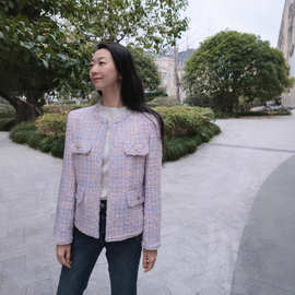 25007 粗花呢圆领外套流苏气质优雅名媛粉紫色小香风外套