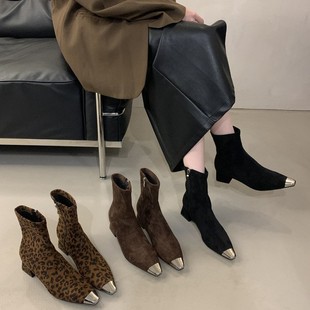 665-1 Martin Boots Women's Pointed High Heel Short Boots New 2024 Autumn and Winter Fashion Boots Thick Heel Iron Toe Thin Boots