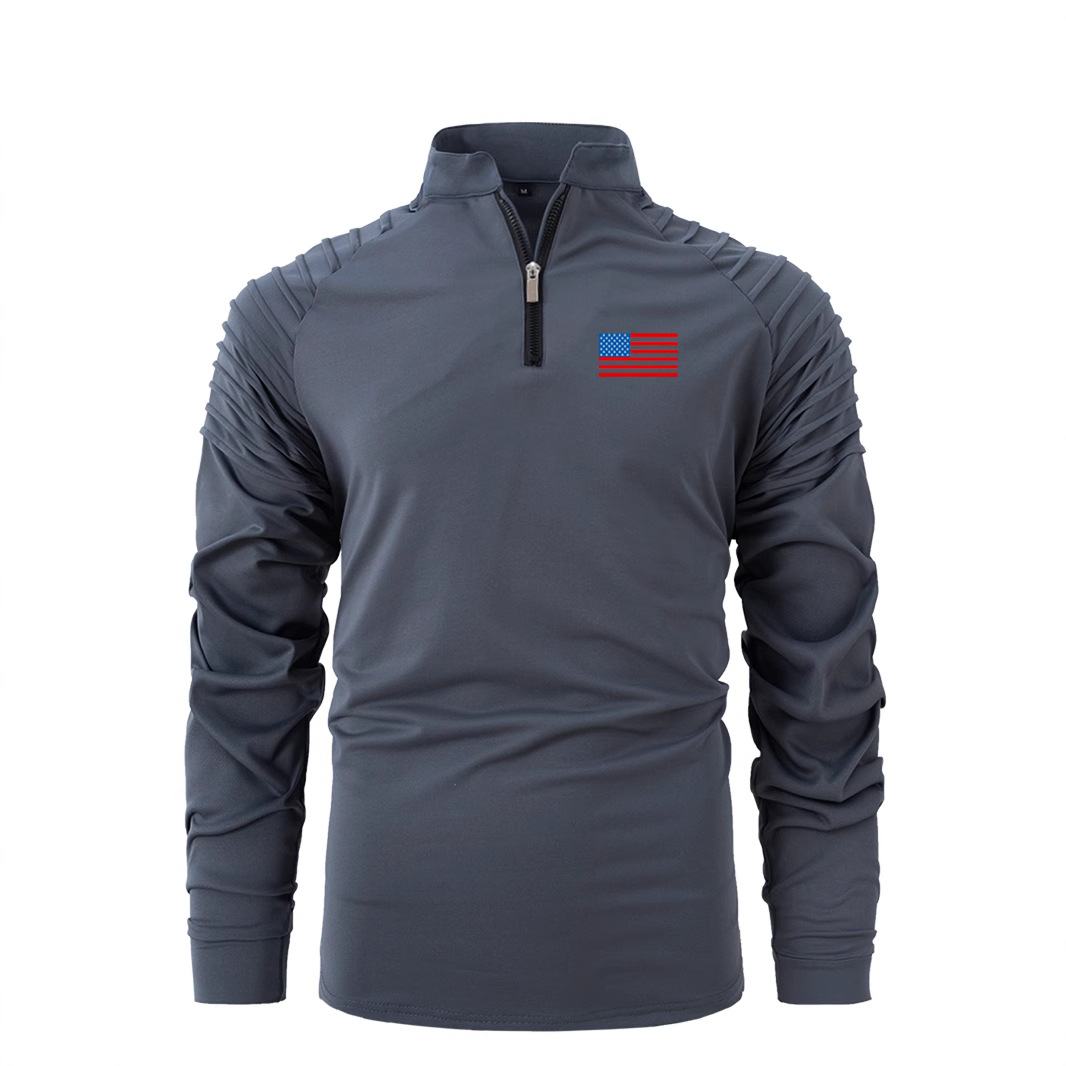 Monochrome Man- European American Men's Casual Sports Long-Sleeve Stand-Up Collar Polo Shirt With Arm Pleats And_voghion.com