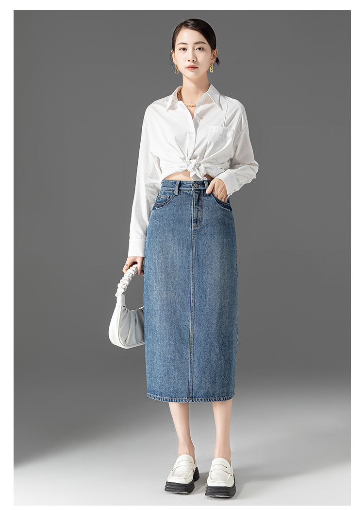 Chân váy denim lưng cao nữ dáng A xẻ tà — Màu xanh lam nhạt chi tiết 11