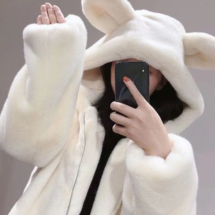 2023 Winter New Hooded Loose Cute Bear Ears Thickened Fur Plush Mid-Length Imitation Fur Jacket for Women