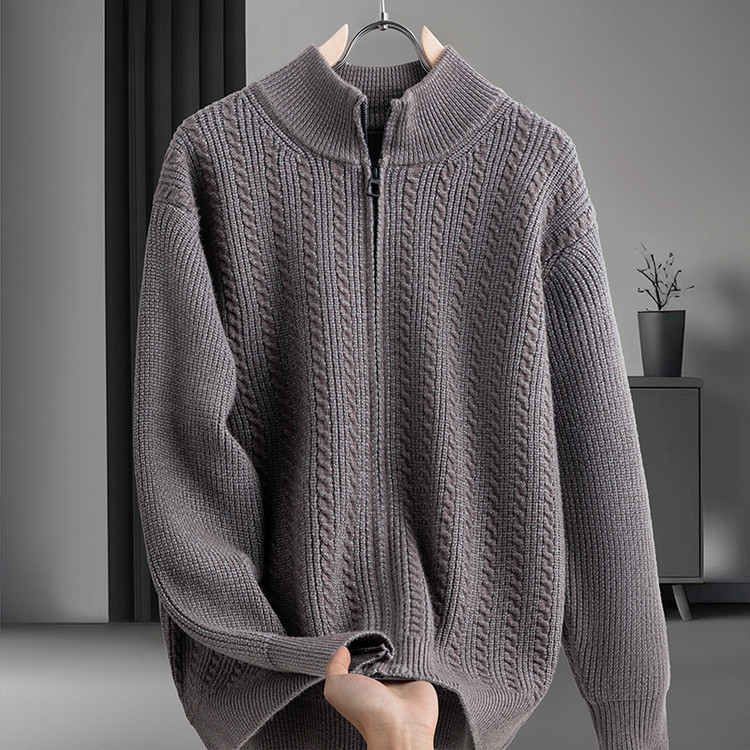 Otoño y invierno de color sólido simple de color sólido cremallera cardigan chaqueta gruesa cálida de punto casual entrelazado suéter de punto de hombre