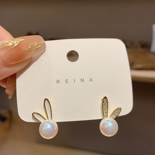Glittering Mermaid Princess! Asymmetric Early Spring Zirconia Rabbit Ear Pin Earrings for Women -  New Trend Pearls Earrings